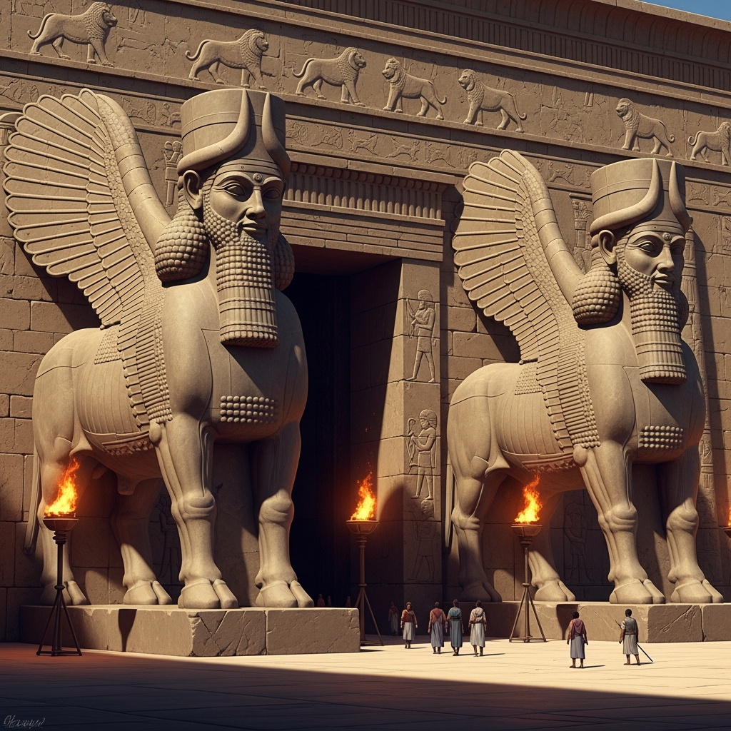 AI_IMAGE: Colossal Assyrian Lamassu guardian statue with a bearded human head wearing a horned crown, massive winged bull body with five legs, standing at the entrance of an enormous Assyrian palace with carved stone relief walls, torchlight casting dramatic shadows, awe-inspiring scale showing tiny human figures walking between the pair of Lamassu, ancient Mesopotamian protective power | digital-art | square