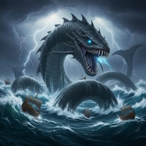 AI_IMAGE: Colossal sea serpent Leviathan rising from dark ocean depths, enormous scaled body coiling through massive waves, multiple rows of razor teeth in a gaping maw, bioluminescent eyes glowing in the deep, ancient ships being tossed like toys, lightning illuminating the beast against a dark stormy sky, biblical apocalyptic atmosphere | digital-art | square