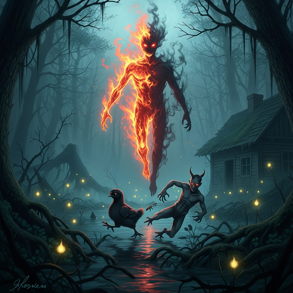 AI_IMAGE: Eerie Hungarian Liderc creature, half flickering flame half shadowy humanoid, hovering above a dark Carpathian swamp at midnight, will-o-the-wisp lights scattered around, a small black chick transforming into a demonic lover figure, abandoned wooden cottage in background, unsettling and supernatural atmosphere | digital-art | square