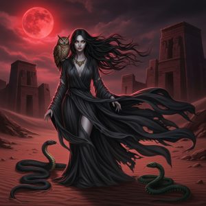 AI_IMAGE: Dark and beautiful Lilith figure with long flowing black hair and piercing amber eyes, standing in a barren desert under a blood-red moon, owl perched on her shoulder, serpents coiling at her feet, tattered dark robes flowing in supernatural wind, ancient Mesopotamian ruins behind her, both alluring and terrifying, dark romantic atmosphere | digital-art | square