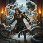 AI_IMAGE: Cunning Norse trickster god Loki with sharp angular features and mischievous green eyes, wearing dark leather and gold armor with flame motifs, shapeshifting between forms with ethereal smoke around him, sinister smile, chains and serpent nearby foreshadowing his punishment, dark Asgardian hall with flickering torchlight, chaotic and unpredictable atmosphere | digital-art | square