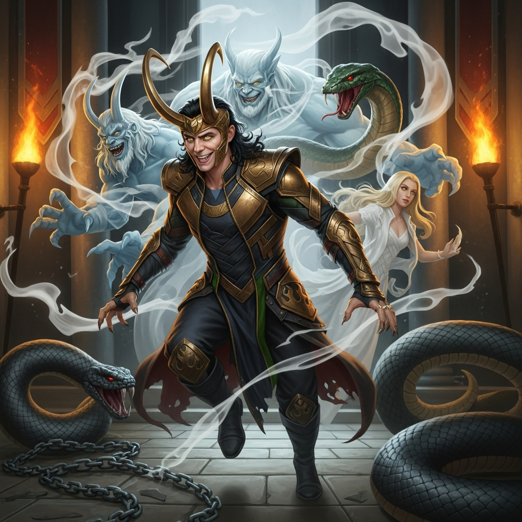 AI_IMAGE: Cunning Norse trickster god Loki with sharp angular features and mischievous green eyes, wearing dark leather and gold armor with flame motifs, shapeshifting between forms with ethereal smoke around him, sinister smile, chains and serpent nearby foreshadowing his punishment, dark Asgardian hall with flickering torchlight, chaotic and unpredictable atmosphere | digital-art | square