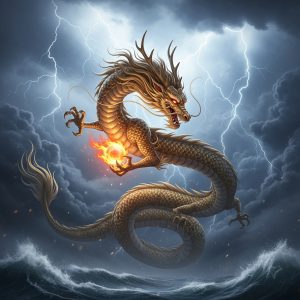 AI_IMAGE: Majestic Chinese imperial dragon coiling through clouds above a stormy sea, long serpentine body with golden scales, deer antlers and whisker-like tendrils, clutching a flaming pearl, dramatic storm clouds with lightning, powerful and divine atmosphere | digital-art | square