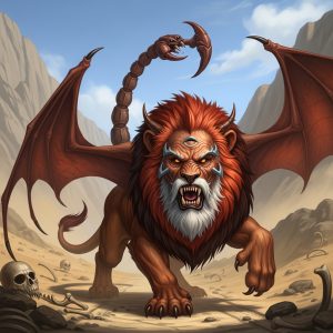 AI_IMAGE: Terrifying Persian Manticore with the body of a massive red lion, face of a bearded old man with three rows of shark-like teeth, scorpion tail with venomous stinger raised to strike, bat-like wings partially spread, prowling through an arid mountain pass on the ancient Silk Road, bones of travelers scattered around, menacing and predatory atmosphere | digital-art | square