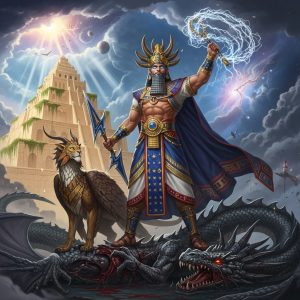 AI_IMAGE: Victorious Babylonian god Marduk standing atop the slain chaos dragon Tiamat, wearing ornate Mesopotamian royal robes and horned crown, wielding a net of winds and thunderbolt, his dragon creature Mushussu at his side, ziggurat of Babylon rising behind him, cosmic storm clearing to reveal new creation, triumphant divine atmosphere | digital-art | square