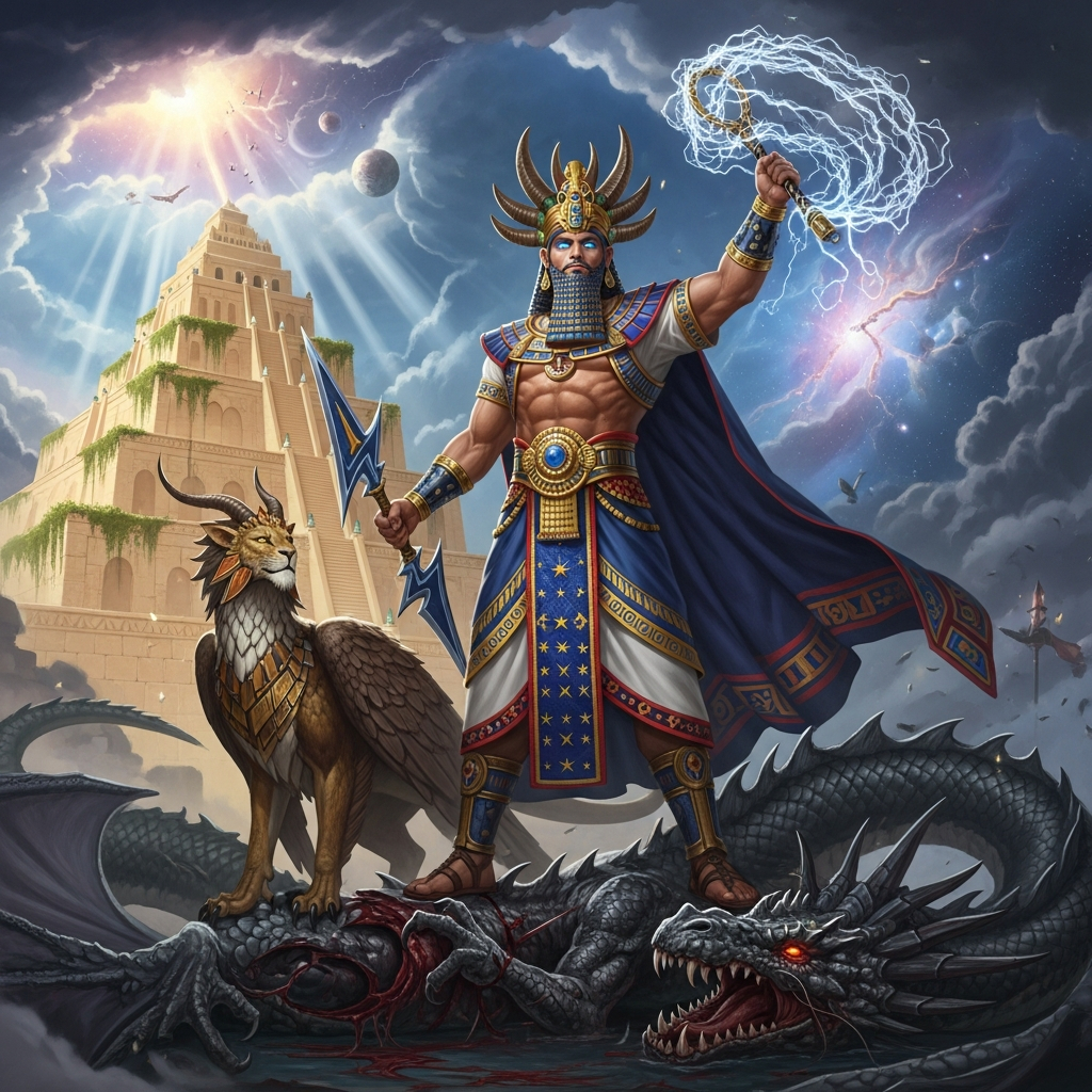 AI_IMAGE: Victorious Babylonian god Marduk standing atop the slain chaos dragon Tiamat, wearing ornate Mesopotamian royal robes and horned crown, wielding a net of winds and thunderbolt, his dragon creature Mushussu at his side, ziggurat of Babylon rising behind him, cosmic storm clearing to reveal new creation, triumphant divine atmosphere | digital-art | square
