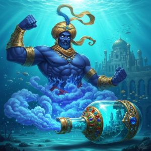 AI_IMAGE: Enormous Arabian Marid jinn emerging from an ornate golden bottle in a massive cloud of blue-violet smoke, towering muscular form with deep blue skin, wearing golden armbands and a turban, benevolent but overwhelming expression, ancient underwater palace visible through translucent water behind, Arabian Nights fantasy atmosphere | digital-art | square