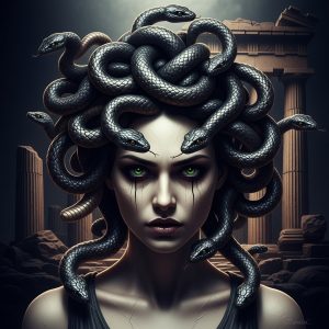 AI_IMAGE: Haunting portrait of Medusa with writhing serpents for hair, pale marble-like skin, piercing green eyes with an expression mixing sorrow and fury, dark temple background with crumbling Greek columns, dramatic chiaroscuro lighting | digital-art | square