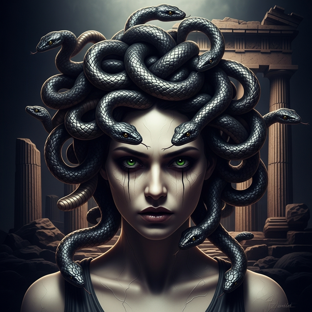 AI_IMAGE: Haunting portrait of Medusa with writhing serpents for hair, pale marble-like skin, piercing green eyes with an expression mixing sorrow and fury, dark temple background with crumbling Greek columns, dramatic chiaroscuro lighting | digital-art | square