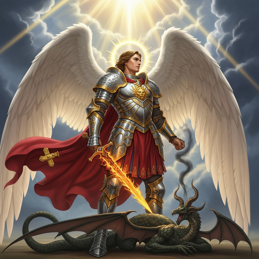 AI_IMAGE: Powerful Archangel Michael in gleaming silver and gold armor with enormous white feathered wings, wielding a flaming sword, standing over a fallen dark serpent-dragon demon, divine rays of light breaking through storm clouds behind him, medieval Christian iconography style blended with epic fantasy, heroic and righteous atmosphere | digital-art | square