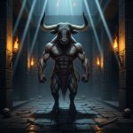 AI_IMAGE: Terrifying Minotaur monster with massive bull head and horns on a muscular human body, standing in the center of the dark stone labyrinth of Knossos, torch light casting long shadows on maze walls, scattered bones on the ground, ancient Minoan architectural details carved into walls, menacing red eyes glowing in darkness | digital-art | square