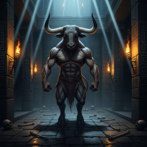 AI_IMAGE: Terrifying Minotaur monster with massive bull head and horns on a muscular human body, standing in the center of the dark stone labyrinth of Knossos, torch light casting long shadows on maze walls, scattered bones on the ground, ancient Minoan architectural details carved into walls, menacing red eyes glowing in darkness | digital-art | square