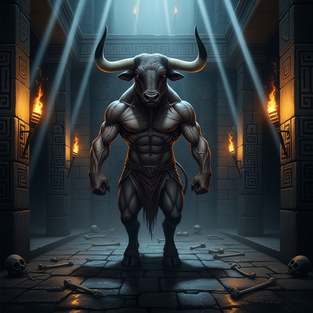 AI_IMAGE: Terrifying Minotaur monster with massive bull head and horns on a muscular human body, standing in the center of the dark stone labyrinth of Knossos, torch light casting long shadows on maze walls, scattered bones on the ground, ancient Minoan architectural details carved into walls, menacing red eyes glowing in darkness | digital-art | square
