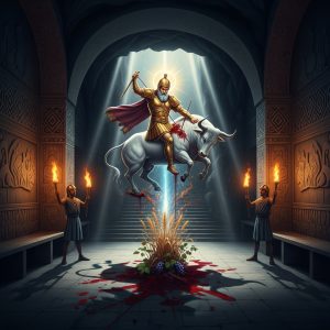 AI_IMAGE: Ancient Persian god Mithra in radiant golden armor slaying a cosmic white bull in a dark cave temple, divine sunlight streaming from behind his head creating a halo, blood of the bull transforming into grain and grapevines, torch bearers flanking the scene, Roman Mithraeum architecture blending with Persian elements, mystical and sacrificial atmosphere | digital-art | square