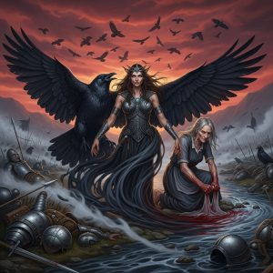 AI_IMAGE: Dark and powerful Irish goddess Morrigan shapeshifting between three forms - a beautiful warrior woman in black armor, a massive crow, and an old washerwoman by a river, ancient Irish battlefield with fallen warriors behind her, swirling dark mist, ravens circling overhead, blood-red sky at twilight, ominous and sovereign feminine power | digital-art | square