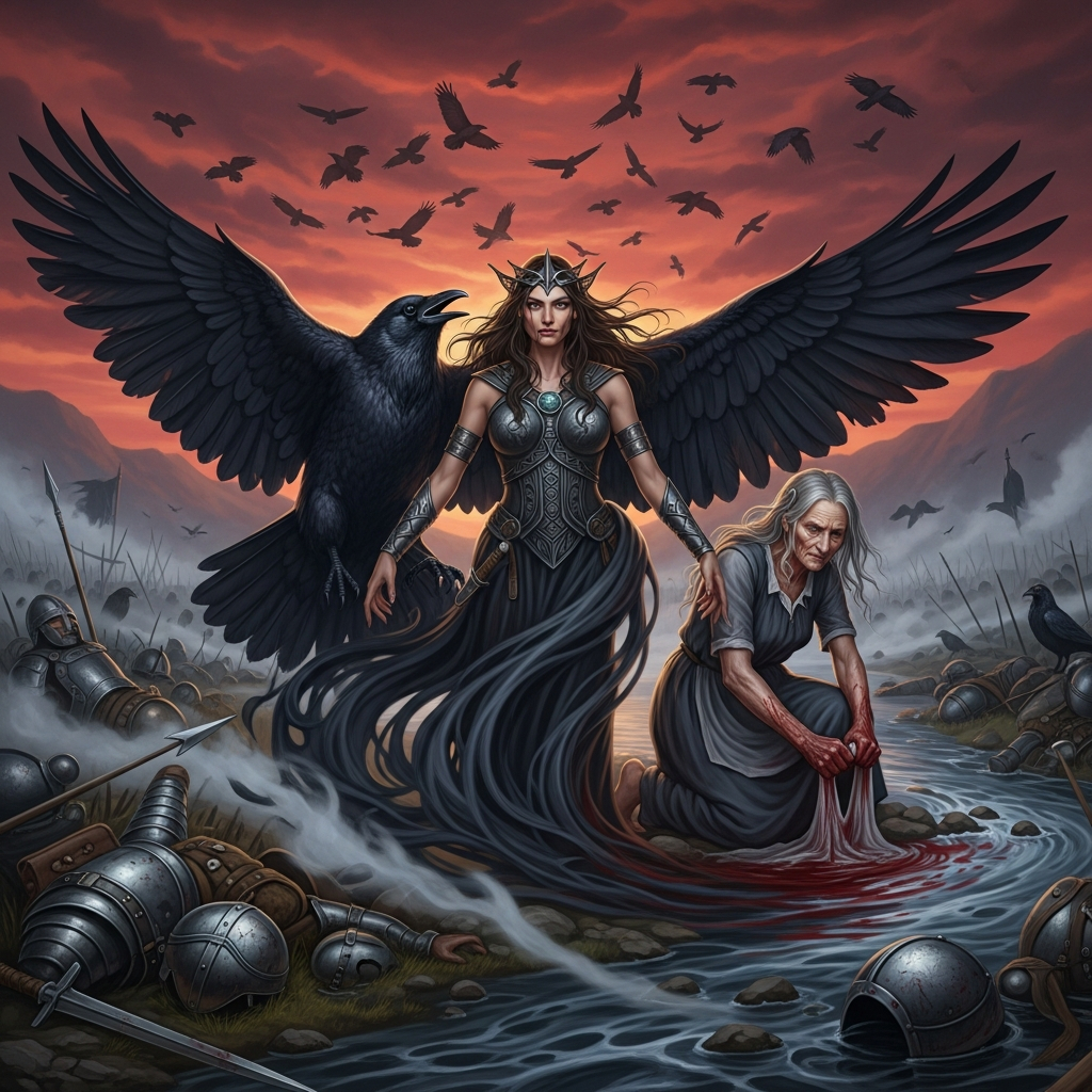 AI_IMAGE: Dark and powerful Irish goddess Morrigan shapeshifting between three forms - a beautiful warrior woman in black armor, a massive crow, and an old washerwoman by a river, ancient Irish battlefield with fallen warriors behind her, swirling dark mist, ravens circling overhead, blood-red sky at twilight, ominous and sovereign feminine power | digital-art | square