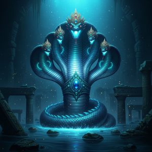 AI_IMAGE: Majestic multi-headed serpent deity Naga rising from a sacred underground lake, iridescent cobra hoods spread wide with jeweled crowns, bioluminescent scales in deep sapphire and emerald, ancient temple ruins submerged in water around it, mystical underwater lighting | digital-art | square