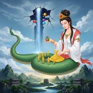 AI_IMAGE: Graceful Chinese goddess Nuwa with upper body of a beautiful woman and lower body of a serpent, kneading yellow clay to form tiny human figures, five-colored stones in her other hand repairing a crack in the sky, celestial waterfall of stars pouring through the gap, ancient Chinese landscape with mountains and rivers below, creation myth atmosphere of divine maternal care | digital-art | square