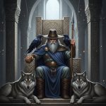AI_IMAGE: Wise Norse god Odin seated on his throne Hlidskjalf in Valhalla, one-eyed with long grey beard, wearing a wide-brimmed hat and dark blue cloak, two ravens Huginn and Muninn on his shoulders, two wolves Geri and Freki at his feet, holding the spear Gungnir, rune-carved stone pillars, mysterious and all-knowing atmosphere | digital-art | square