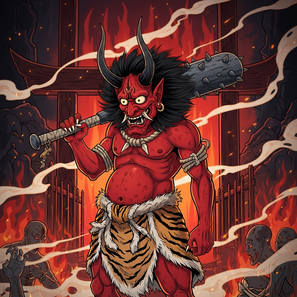 AI_IMAGE: Terrifying Japanese Oni demon with red skin, two sharp horns, wild black hair, bulging eyes and fanged grin, wearing a tiger skin loincloth, wielding a massive iron club (kanabo), standing at the gates of Jigoku (Japanese hell), fire and tortured souls in background, traditional ukiyo-e art style blended with dark fantasy | digital-art | square