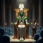 AI_IMAGE: Regal Egyptian god Osiris with green skin symbolizing rebirth, wearing the Atef crown with ostrich feathers, mummified lower body wrapped in white linen, holding the crook and flail crossed over his chest, seated on a throne in the Hall of Judgment in the underworld, scales of justice nearby, souls awaiting judgment, solemn and eternal atmosphere | digital-art | square