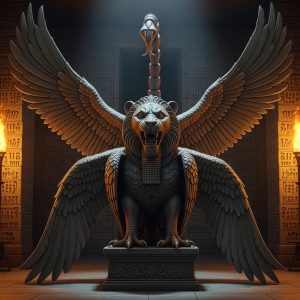 AI_IMAGE: Ancient Mesopotamian demon Pazuzu statue with lion head, four wings spread wide, eagle talons for feet, scorpion tail, standing on a dark stone pedestal in a temple chamber, dramatic torch lighting casting long shadows on cuneiform-covered walls | digital-art | square