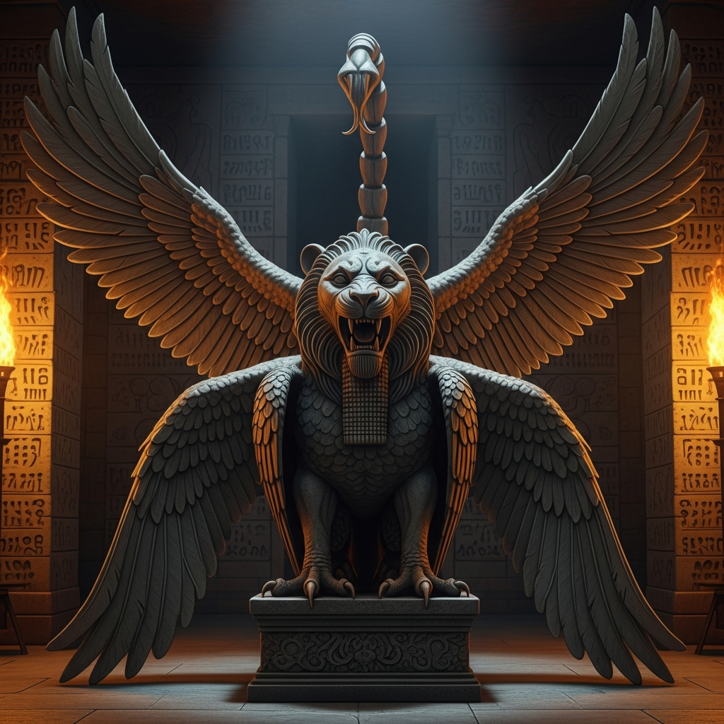AI_IMAGE: Ancient Mesopotamian demon Pazuzu statue with lion head, four wings spread wide, eagle talons for feet, scorpion tail, standing on a dark stone pedestal in a temple chamber, dramatic torch lighting casting long shadows on cuneiform-covered walls | digital-art | square