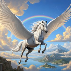 AI_IMAGE: Magnificent winged horse Pegasus soaring through clouds above ancient Greek islands, pure white coat gleaming in sunlight, enormous feathered wings spread wide, mane and tail flowing in the wind, rainbow and Mount Olympus visible in the distance, majestic and free, bright blue sky with golden cloud edges | digital-art | square