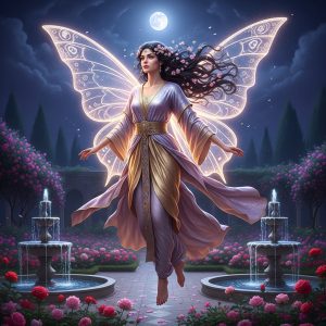 AI_IMAGE: Ethereal Persian Peri fairy with luminous translucent wings like butterfly wings, extraordinarily beautiful woman with flowing dark hair adorned with tiny flowers, wearing shimmering silk robes in lavender and gold, floating above a moonlit Persian garden with roses and fountains, soft bioluminescent glow emanating from her skin, enchanting and romantic atmosphere | digital-art | square
