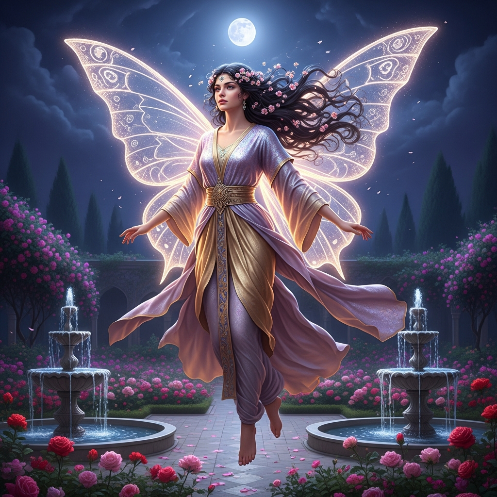 AI_IMAGE: Ethereal Persian Peri fairy with luminous translucent wings like butterfly wings, extraordinarily beautiful woman with flowing dark hair adorned with tiny flowers, wearing shimmering silk robes in lavender and gold, floating above a moonlit Persian garden with roses and fountains, soft bioluminescent glow emanating from her skin, enchanting and romantic atmosphere | digital-art | square