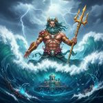 AI_IMAGE: Powerful Greek god Poseidon rising from turbulent ocean waves, holding a massive golden trident, long flowing sea-green hair and beard, muscular torso adorned with coral and pearl jewelry, massive waves crashing around him, underwater palace visible in the depths below, dramatic stormy sky with lightning | digital-art | square