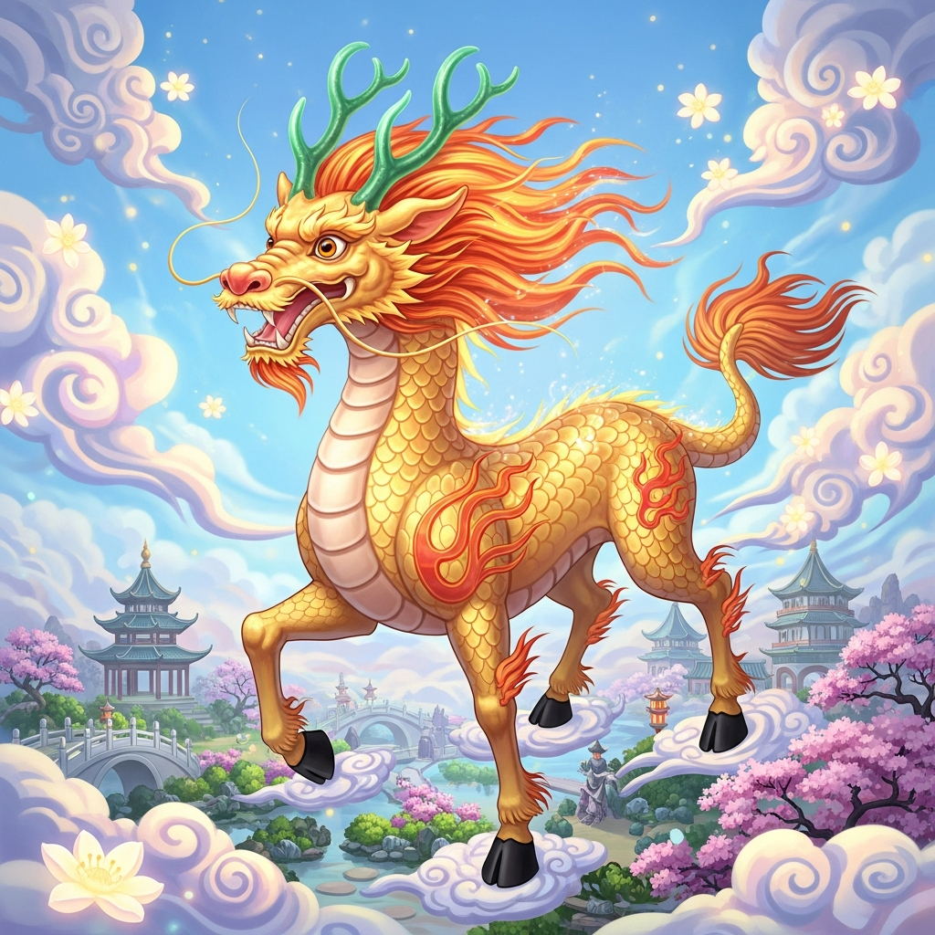 AI_IMAGE: Graceful Chinese Qilin with dragon head, deer body covered in luminous golden scales, flowing mane of fire, single antler, cloven hooves walking on clouds above a blooming Chinese garden, not crushing a single blade of grass beneath its feet, auspicious clouds and celestial flowers, serene and benevolent mythical creature atmosphere | digital-art | square