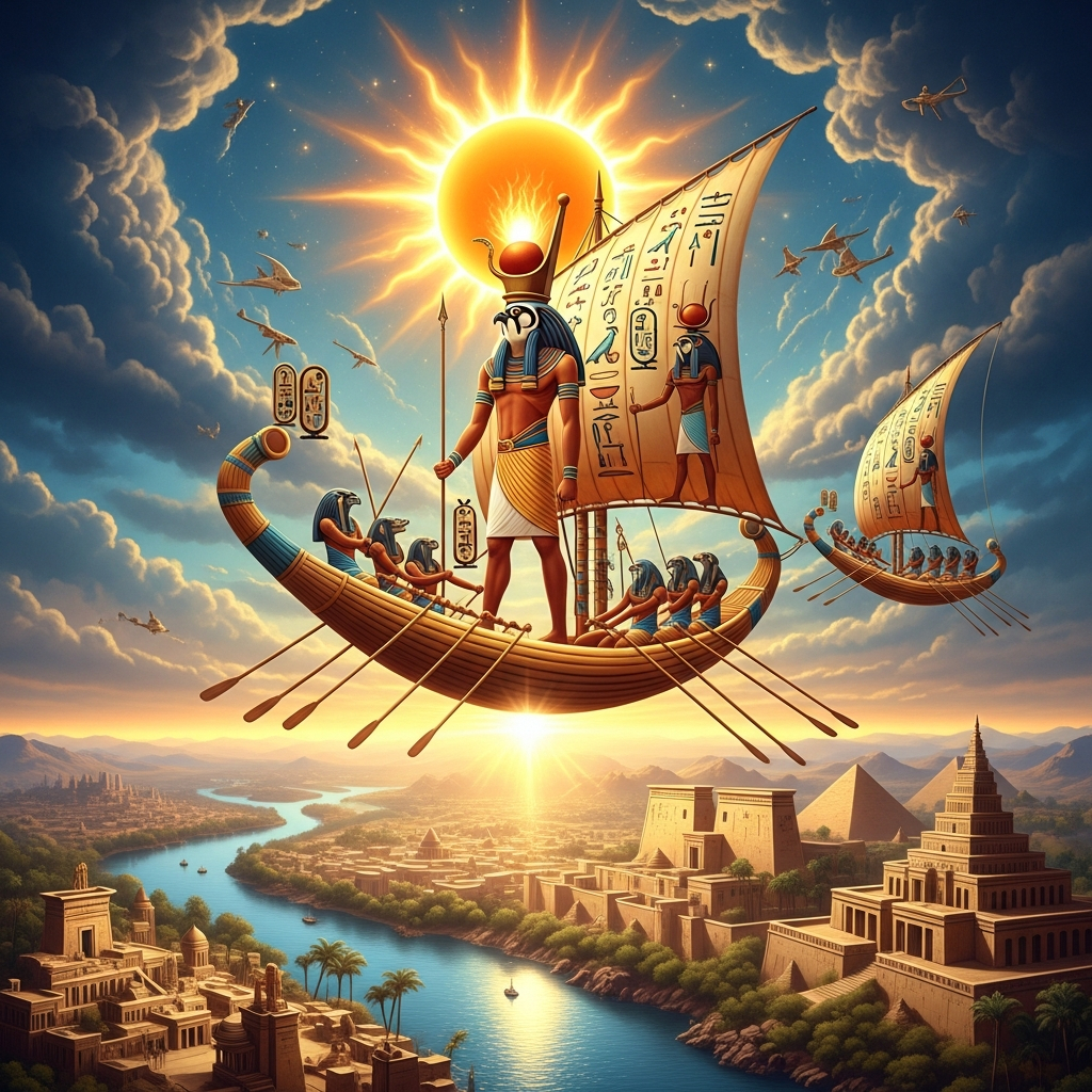 AI_IMAGE: Radiant Egyptian sun god Ra with falcon head crowned by a blazing sun disk, standing in his golden solar barque sailing across the sky, hieroglyphic sails billowing, crew of lesser gods rowing, the Nile and Egyptian temples far below bathed in golden light, cosmic grandeur and divine warmth | digital-art | square
