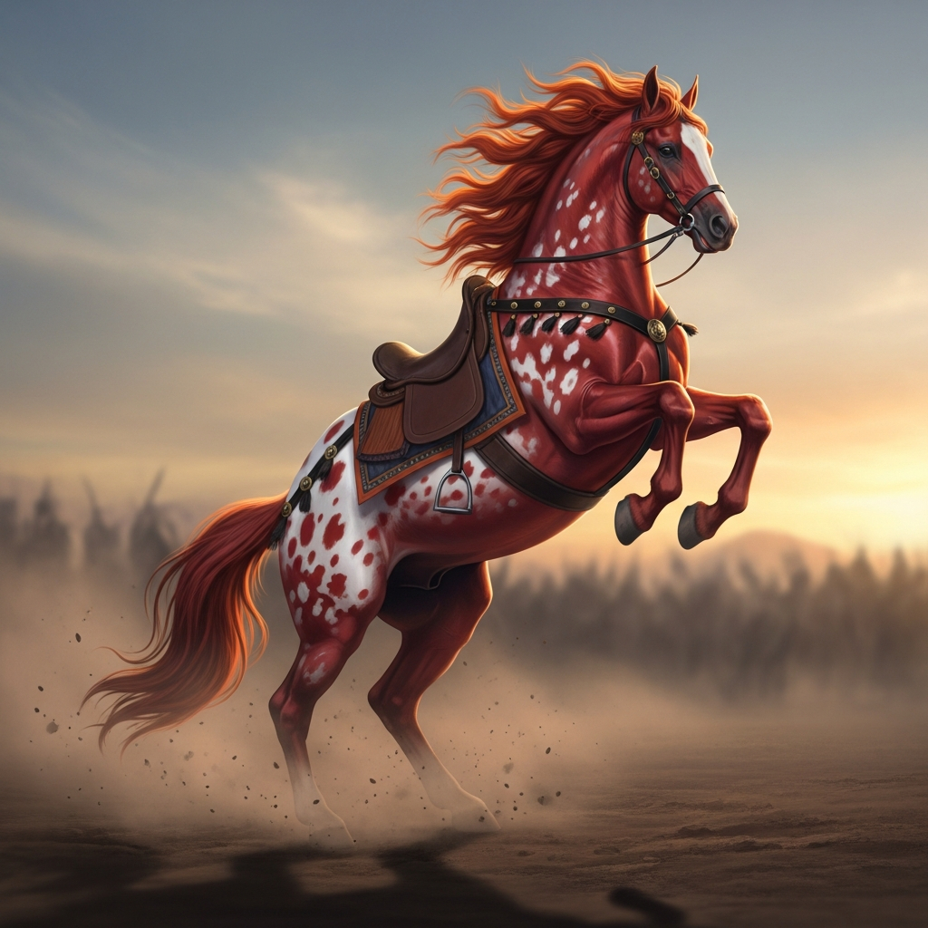 AI_IMAGE: Magnificent legendary horse Rakhsh, massive and powerful with distinctive rose-red coat dappled with spots resembling leopard or lion cub markings, rearing up heroically on a Persian battlefield, mane flowing like fire, Rostam's saddle and armor visible, dust clouds and dramatic sunset, loyal and fierce warrior horse atmosphere | digital-art | square