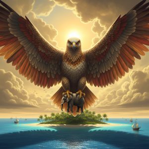 AI_IMAGE: Colossal mythological Roc bird with wingspan blocking out the sun, enormous raptor carrying an elephant in its talons high above a tropical island with palm trees, dramatic scale showing the bird's immense size against tiny ships below, warm golden sky with massive cloud formations, Arabian Nights fantasy atmosphere | digital-art | square