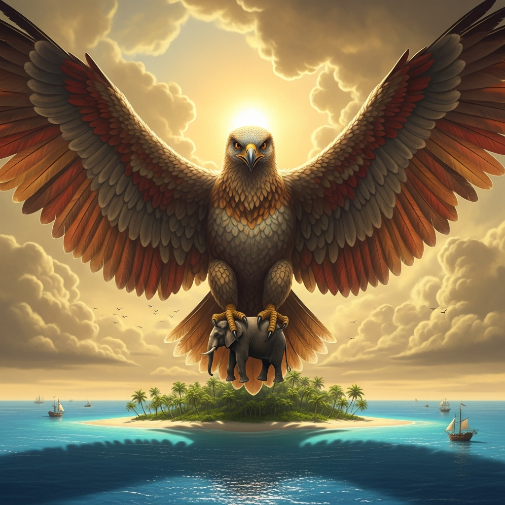 AI_IMAGE: Colossal mythological Roc bird with wingspan blocking out the sun, enormous raptor carrying an elephant in its talons high above a tropical island with palm trees, dramatic scale showing the bird's immense size against tiny ships below, warm golden sky with massive cloud formations, Arabian Nights fantasy atmosphere | digital-art | square