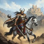 AI_IMAGE: Legendary Persian hero Rostam in magnificent battle armor wearing a tiger skin cape, riding his mighty horse Rakhsh through a mountainous Persian landscape, wielding a massive mace, flowing long dark hair, muscular build showing incredible strength, ancient Persian fortress visible in distance, golden dust clouds, heroic and epic atmosphere | digital-art | square