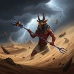AI_IMAGE: Fierce Egyptian god Set with mysterious animal head (part jackal, part aardvark), muscular red-brown skin, wielding a was-scepter in a raging desert sandstorm, glowing amber eyes full of jealousy and rage, dark storm clouds gathering above Egyptian desert, chaotic and destructive atmosphere with sand swirling violently | digital-art | square