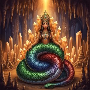 AI_IMAGE: Beautiful mythological Shahmaran - queen of serpents with upper body of a beautiful woman with ornate golden crown and lower body of a coiled serpent with intricate scales in jewel tones, seated in an underground crystal cave, warm amber bioluminescent lighting, traditional Anatolian artistic interpretation | digital-art | square
