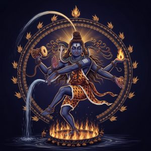 AI_IMAGE: Powerful Hindu god Shiva in his Nataraja (Lord of Dance) form, performing the cosmic Tandava dance within a ring of sacred fire, four arms holding drum (damaru), flame, and blessing mudra, third eye on forehead glowing, crescent moon in matted hair, cobra around neck, Ganges river flowing from his locks, cosmic destruction and creation in balance, deep indigo and gold, transcendent atmosphere | digital-art | square