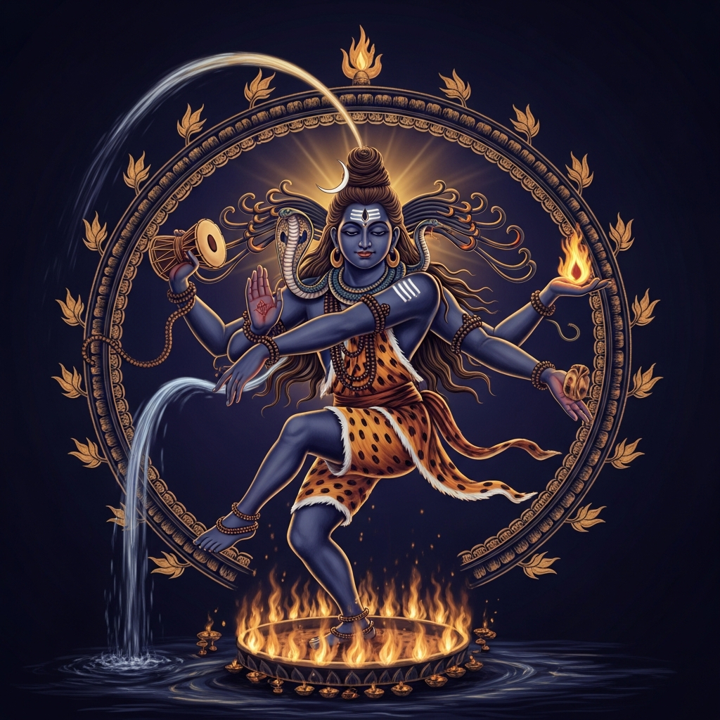 AI_IMAGE: Powerful Hindu god Shiva in his Nataraja (Lord of Dance) form, performing the cosmic Tandava dance within a ring of sacred fire, four arms holding drum (damaru), flame, and blessing mudra, third eye on forehead glowing, crescent moon in matted hair, cobra around neck, Ganges river flowing from his locks, cosmic destruction and creation in balance, deep indigo and gold, transcendent atmosphere | digital-art | square