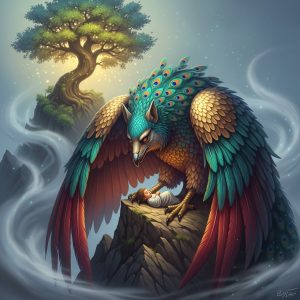 AI_IMAGE: Magnificent Persian Simorgh bird perched atop Mount Alborz, enormous peacock-like body with iridescent feathers in deep turquoise, gold, and crimson, dog-like face with wise ancient eyes, massive wingspan sheltering baby Zal below, sacred Hom tree in background, mystical mountain mist, divine and nurturing atmosphere | digital-art | square