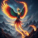 AI_IMAGE: A majestic mythological phoenix bird with iridescent feathers in deep gold, emerald and ruby colors, soaring above misty mountain peaks, dramatic lighting with fire trailing from its wings, dark atmospheric sky with stars, fantasy art style | digital-art | square