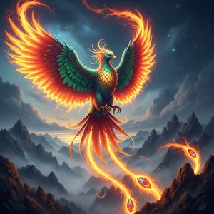 AI_IMAGE: A majestic mythological phoenix bird with iridescent feathers in deep gold, emerald and ruby colors, soaring above misty mountain peaks, dramatic lighting with fire trailing from its wings, dark atmospheric sky with stars, fantasy art style | digital-art | square