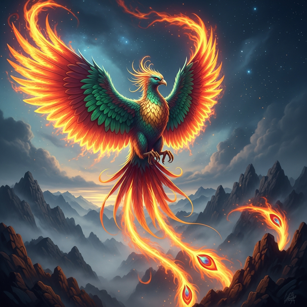 AI_IMAGE: A majestic mythological phoenix bird with iridescent feathers in deep gold, emerald and ruby colors, soaring above misty mountain peaks, dramatic lighting with fire trailing from its wings, dark atmospheric sky with stars, fantasy art style | digital-art | square