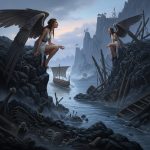 AI_IMAGE: Enchanting Greek Sirens perched on dangerous rocky cliffs surrounded by shipwrecks, beautiful women with bird-like wings and taloned feet, singing hauntingly toward a passing ancient Greek ship, misty Aegean sea, scattered bones and broken vessels on the rocks, ethereal and dangerous beauty, twilight atmosphere | digital-art | square