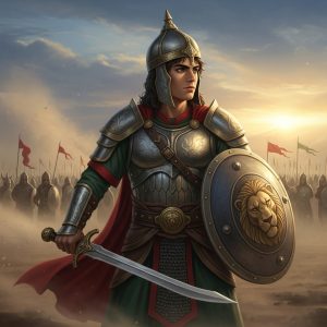 AI_IMAGE: Young and valiant Persian warrior Sohrab in gleaming armor on a battlefield, handsome youthful face showing both determination and innocence, holding a sword and shield, searching the opposing army for his father, Iranian and Turanian armies facing each other in background, dust and dramatic golden light, tragic and poignant atmosphere | digital-art | square