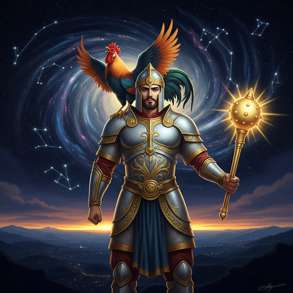 AI_IMAGE: Noble Zoroastrian angel Sraosha standing guard in the night sky, luminous warrior figure in shining silver armor, holding a golden mace, a sacred rooster perched on his shoulder crowing at dawn, stars and constellations swirling behind him, protecting sleeping world below from nocturnal demons, vigilant and protective divine atmosphere | digital-art | square