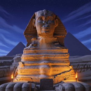 AI_IMAGE: Majestic Great Sphinx of Giza with lion body and pharaoh head, enormous limestone structure against a deep indigo twilight sky with stars, pyramids visible behind, mysterious smile, sand-worn texture showing millennia of age, warm amber torch light from below, ancient guardian mystery atmosphere | digital-art | square