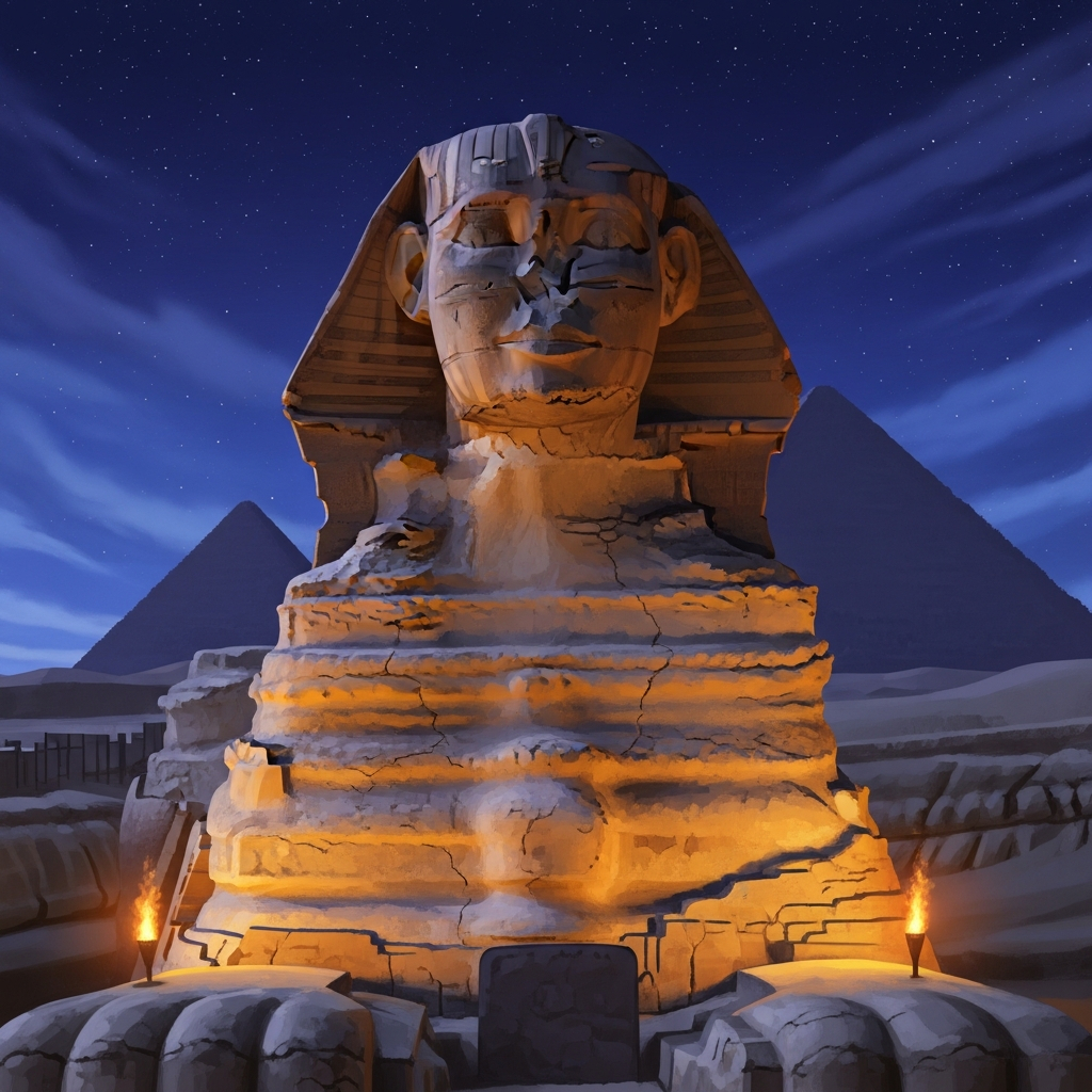 AI_IMAGE: Majestic Great Sphinx of Giza with lion body and pharaoh head, enormous limestone structure against a deep indigo twilight sky with stars, pyramids visible behind, mysterious smile, sand-worn texture showing millennia of age, warm amber torch light from below, ancient guardian mystery atmosphere | digital-art | square
